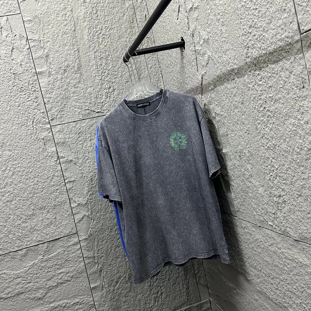 🅿️180 CH* Crow Heart* 2025 spring and summer new style Snowflake distressed washed retro round neck short sleeves Chest and front logo Horseshoe print Customized fabric Short-sleeved T-shirt Unisex Size: S M L XL XXL Color: Snowflake Black Snowflake Gray Snowflake Pink Snowflake Blue
